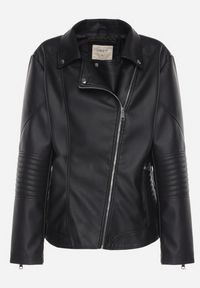 Born2be - Czarna Kurtka Ramoneska z Ekoskóry z Ozdobnymi Paskami na Napy Bellassa. Typ kołnierza: kołnierzyk stójkowy. Kolekcja: plus size. Kolor: czarny. Wzór: paski #5