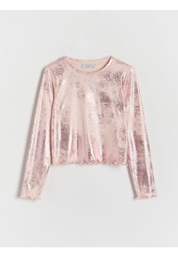 Reserved - Koszulka z metalicznym efektem - pastelowy róż. Kolor: różowy. Materiał: dzianina, prążkowany
