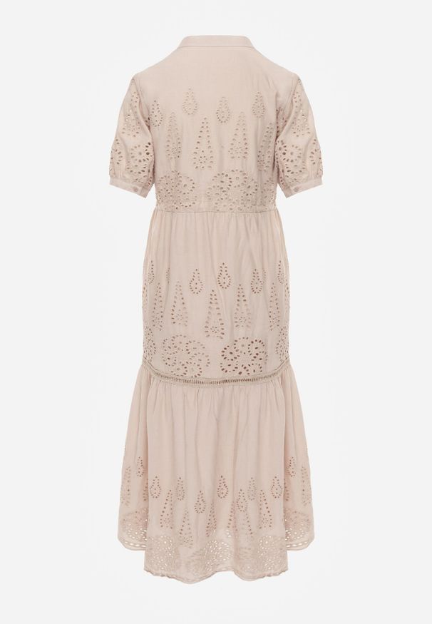 Born2be - Beżowa Haftowana Sukienka Maxi ze Ściągaczem w Talii Erlina. Kolor: beżowy. Materiał: tkanina. Wzór: haft. Sezon: lato. Długość: maxi