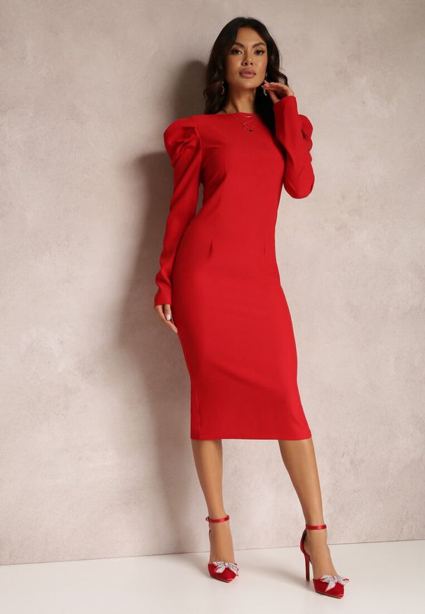 Renee - Czerwona Sukienka Taliowana z Bufiastym Rękawem Adarei. Kolor: czerwony. Styl: elegancki. Długość: midi