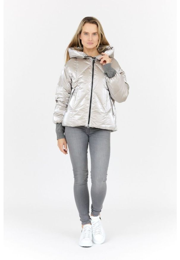 Hetrego - HETREGO Srebrna kurtka damska z kapturem Muriel, Rozmiar 38 EU - 42 IT. Typ kołnierza: kaptur. Kolor: srebrny
