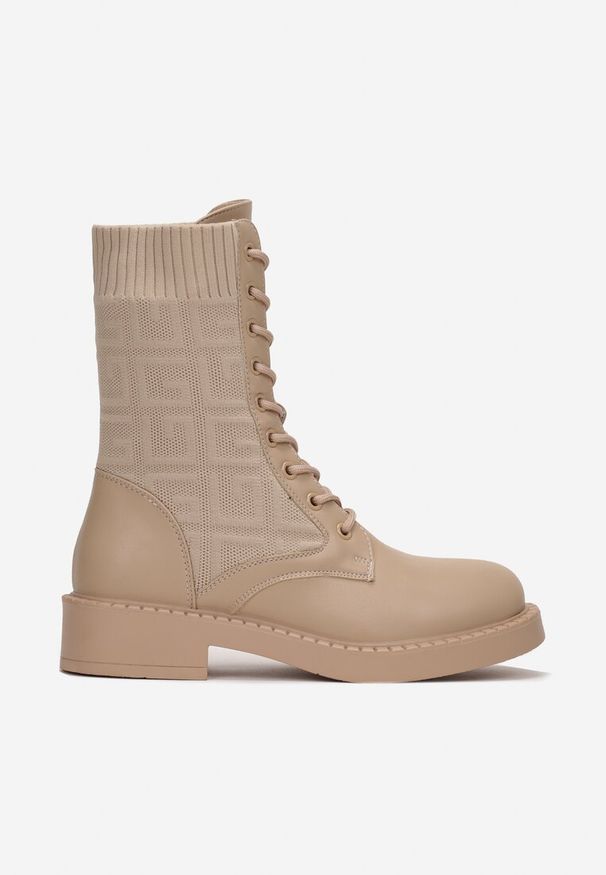 Born2be - Ciemnobeżowe Botki Sznurowane z Elastyczną Cholewką Caelis. Nosek buta: okrągły. Zapięcie: sznurówki. Kolor: beżowy. Materiał: materiał, prążkowany, dzianina, jeans. Szerokość cholewki: normalna. Wzór: aplikacja