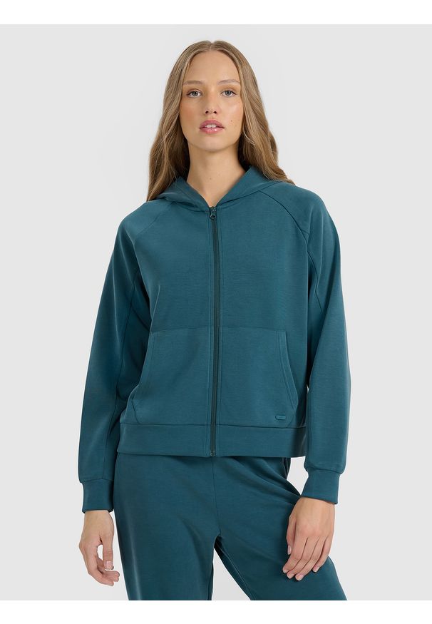 4f - 4F Bluza dresowa rozpinana z modalem damska - turkusowa XS. Okazja: na co dzień. Typ kołnierza: kaptur. Kolor: turkusowy. Materiał: dresówka. Styl: casual
