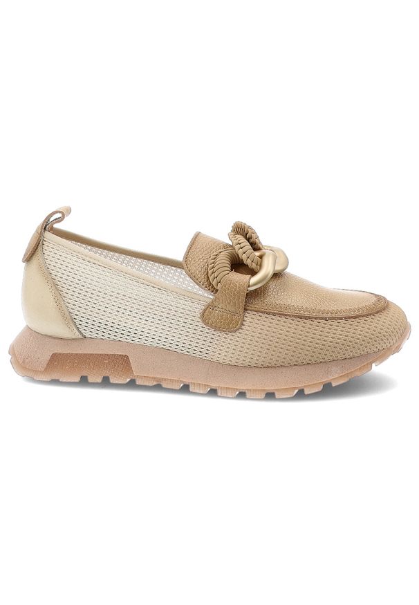 Półbuty damskie Hispanitas, ze skóry naturalnej z tekstylnymi wstawkami z siateczki wsuwany krój metalowa ozdoba na podbiciu, beżowe, SHV264834 Sumat. Kolor: beżowy. Materiał: skóra. Szerokość cholewki: normalna. Wzór: aplikacja. Sezon: wiosna, lato. Styl: elegancki