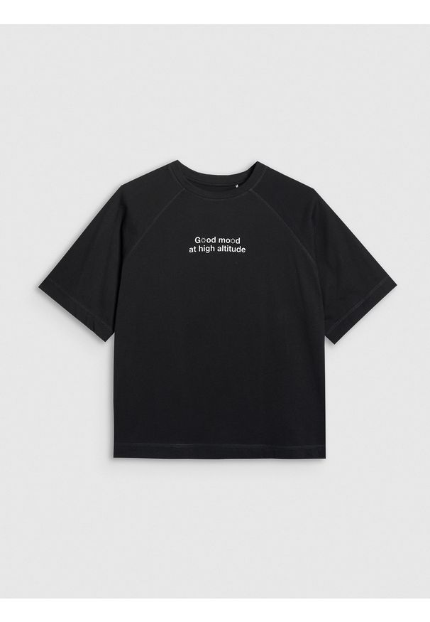 4f - 4F T-shirt oversize z nadrukiem damski - czarny XS. Okazja: na co dzień. Kolor: czarny. Materiał: tkanina, bawełna. Wzór: nadruk. Styl: casual