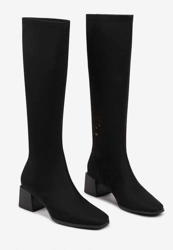 Renee - Czarne Kozaki na Słupku z Kwadratowym Noskiem Terilaye. Kolor: czarny. Materiał: jedwab, dzianina. Obcas: na słupku. Styl: klasyczny