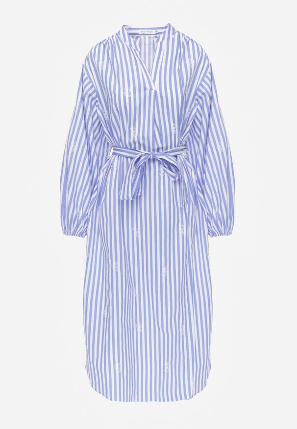 Renee - Niebieska Bawełniana Sukienka o Pudełkowym Kroju z Haftem i Wiązanym Paskiem Guineney. Okazja: na co dzień, na imprezę. Kolor: niebieski. Materiał: bawełna. Wzór: haft. Typ sukienki: proste. Styl: casual