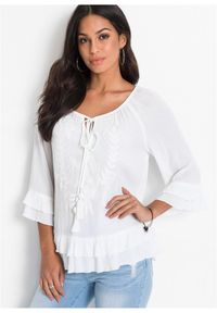 bonprix - Tunika z haftem. Kolor: biały. Wzór: haft. Styl: boho
