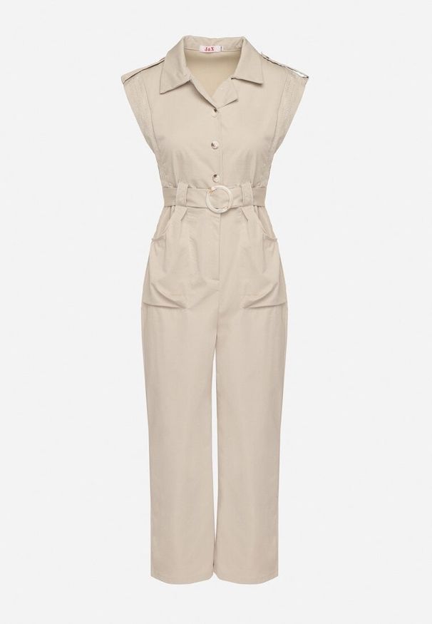 Born2be - Beżowy Taliowany Kombinezon z Guzikami i Cyrkoniami Lumalise. Kolor: beżowy. Styl: glamour, klasyczny