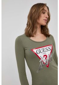 Guess longsleeve damski kolor zielony. Okazja: na co dzień. Kolor: zielony. Materiał: dzianina. Długość rękawa: długi rękaw. Wzór: aplikacja. Styl: casual #1