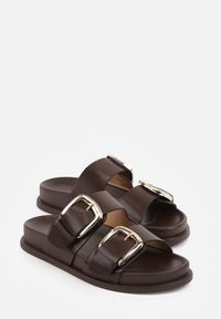 Renee - Ciemnobrązowe Klapki z Metalicznymi Klamrami Aetheta. Okazja: na spacer. Kolor: brązowy #6