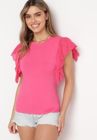 Born2be - Różowa Bawełniana Bluzka z Haftowanym Materiałem na Rękawach Alvine. Kolor: różowy. Materiał: materiał, bawełna. Wzór: haft #2