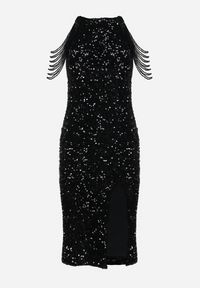 Born2be - Czarna Błyszcząca Sukienka Midi z Koralikami i Rozcięciem Marsira. Kolor: czarny. Długość: midi #5