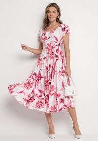 Born2be - Jasnobeżowa Sukienka w Kwiaty z Dekoltem Łódką z Bawełną o Rozkloszowanym Kroju Annilva. Okazja: na spacer, na imprezę, na co dzień. Typ kołnierza: dekolt w łódkę. Kolor: beżowy. Materiał: bawełna. Długość rękawa: krótki rękaw. Wzór: kwiaty. Sezon: wiosna, lato. Styl: elegancki, casual, klasyczny #6