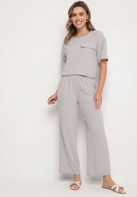 Born2be - Szary Komplet w Rustykalnym Stylu Oversize Bluzka i Spodnie Emitria. Kolor: szary