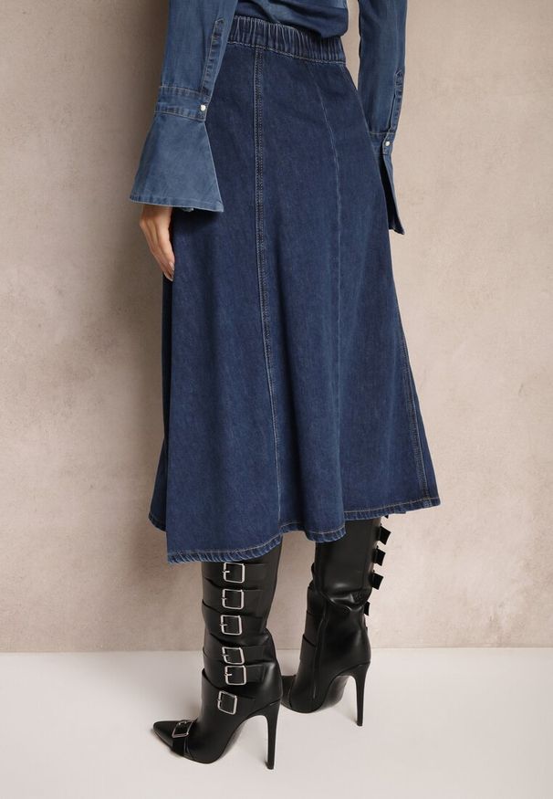 Renee - Granatowa Bawełniana Spódnica Jeansowa o Rozkloszowanym Kroju Bialitta. Kolor: niebieski. Materiał: jeans, bawełna