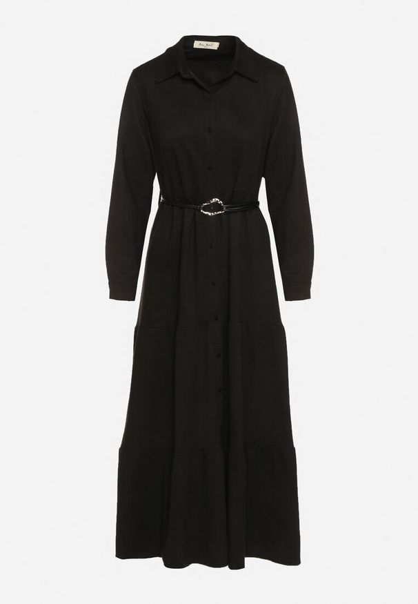 Born2be - Czarna Wiskozowa Koszulowa Sukienka o Rozkloszowanym Kroju z Paskiem Retirna. Okazja: na co dzień. Kolor: czarny. Materiał: wiskoza. Typ sukienki: koszulowe. Styl: casual, klasyczny