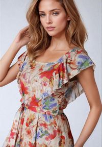 Born2be - Beżowo-Różowa Wiskozowa Sukienka w Kwiaty na Ramiączkach z Falbanką i Materiałowym Paskiem Moemia. Okazja: na wesele, na co dzień, na ślub cywilny, na imprezę. Typ kołnierza: kołnierz z falbankami, dekolt kwadratowy. Kolor: beżowy. Materiał: wiskoza, materiał. Długość rękawa: na ramiączkach. Wzór: kwiaty. Styl: casual, elegancki #3