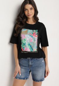 Born2be - Czarny Bawełniany T-shirt z Ozdobnym Nadrukiem Delmari. Okazja: na co dzień, na spacer. Kolor: czarny. Materiał: bawełna. Wzór: nadruk. Styl: klasyczny, casual #5