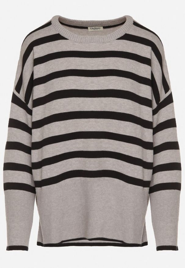 Born2be - Szaro-Czarny Sweter o Kroju Oversize z Motywem Pasków Irtusa. Okazja: na co dzień. Kolor: szary. Materiał: jeans. Styl: casual