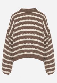 Born2be - Brązowy Sweter Oversize z Wełną i Wiskozą o Luźnym Splocie w Paski Ternose. Okazja: na co dzień. Kolor: brązowy. Materiał: wiskoza, wełna. Wzór: paski, ze splotem. Styl: casual, klasyczny #7