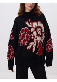 Reserved - Wzorzysty sweter z wełną - czarny. Kolor: czarny. Materiał: wełna