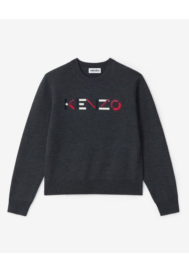 Kenzo - KENZO - Grafitowy sweter z logo. Okazja: na co dzień. Kolor: szary. Materiał: wełna, prążkowany. Długość rękawa: długi rękaw. Długość: długie. Wzór: aplikacja, kolorowy. Styl: casual