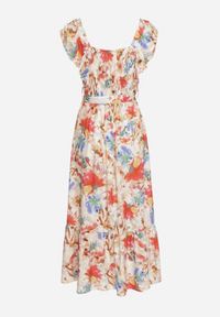 Born2be - Beżowo-Różowa Wiskozowa Sukienka w Kwiaty na Ramiączkach z Falbanką i Materiałowym Paskiem Moemia. Okazja: na ślub cywilny, na co dzień, na imprezę, na wesele. Typ kołnierza: kołnierz z falbankami, dekolt kwadratowy. Kolor: beżowy. Materiał: materiał, wiskoza. Długość rękawa: na ramiączkach. Wzór: kwiaty. Styl: casual, elegancki #5