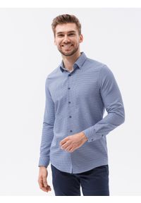 Ombre Clothing - Żakardowa koszula męska z drobnym wzorem REGULAR FIT - granatowa V2 K623 - XL. Okazja: na spotkanie biznesowe, do pracy, na co dzień. Kolor: niebieski. Materiał: żakard. Długość rękawa: długi rękaw. Długość: długie. Styl: biznesowy, klasyczny, casual