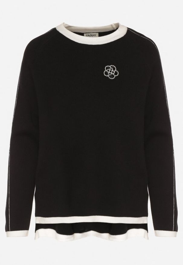 Born2be - Czarny Sweter Ozdobiony Paskami i Aplikacją Tusanne. Okazja: na co dzień. Kolor: czarny. Materiał: jeans. Wzór: aplikacja. Styl: casual, elegancki