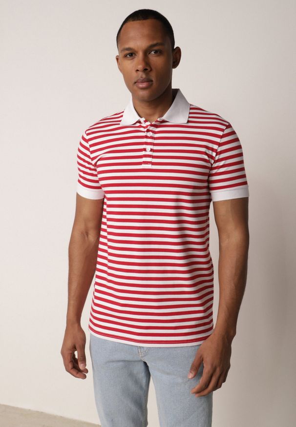 Born2be - Czerwona Bawełniana Koszulka Polo w Paski w Stylu Casual Elunilla. Okazja: na co dzień. Typ kołnierza: polo. Kolor: czerwony. Materiał: bawełna. Wzór: paski. Styl: casual