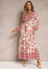 Renee - Beżowo-Czerwona Sukienka Maxi z Kopertowym Dekoltem i Gumkami w Pasie Nerene. Kolor: beżowy. Długość rękawa: długi rękaw. Typ sukienki: kopertowe. Długość: maxi