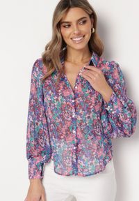 Born2be - Niebiesko-Różowa Koszula w Kwiaty z Bufiastymi Rękawami Morwenia. Kolor: niebieski. Wzór: kwiaty. Styl: elegancki #3