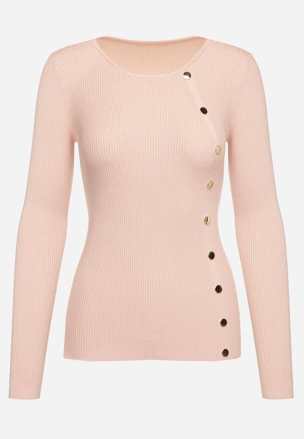 Born2be - Ciemnoróżowy Sweter Ozdobiony Metalowymi Napami Corettina. Okazja: na co dzień. Kolor: różowy. Materiał: jeans. Wzór: aplikacja. Styl: wizytowy, casual