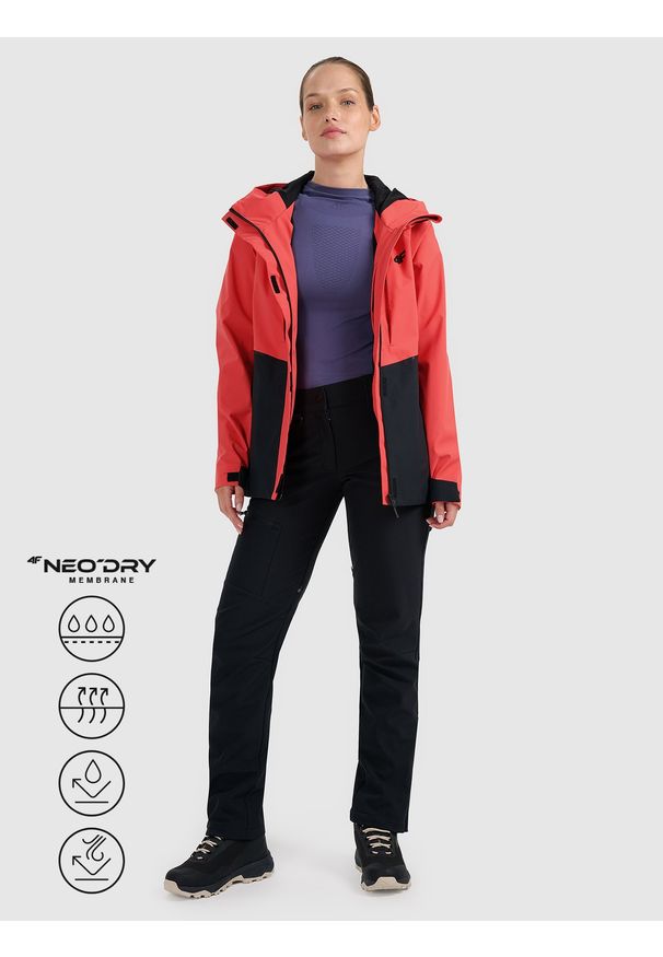 4f - 4F Kurtka trekkingowa membrana 10000 damska - pomarańczowa XS. Kolor: pomarańczowy. Materiał: tkanina, materiał. Długość rękawa: raglanowy rękaw. Technologia: Primaloft. Sezon: zima. Sport: wspinaczka, turystyka piesza