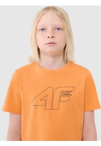 4f - T-shirt regular z nadrukiem chłopięcy - pomarańczowy. Okazja: na co dzień. Kolor: pomarańczowy. Materiał: bawełna, jersey, dzianina. Długość rękawa: krótki rękaw. Długość: krótkie. Wzór: nadruk. Sezon: lato. Styl: sportowy, casual, klasyczny