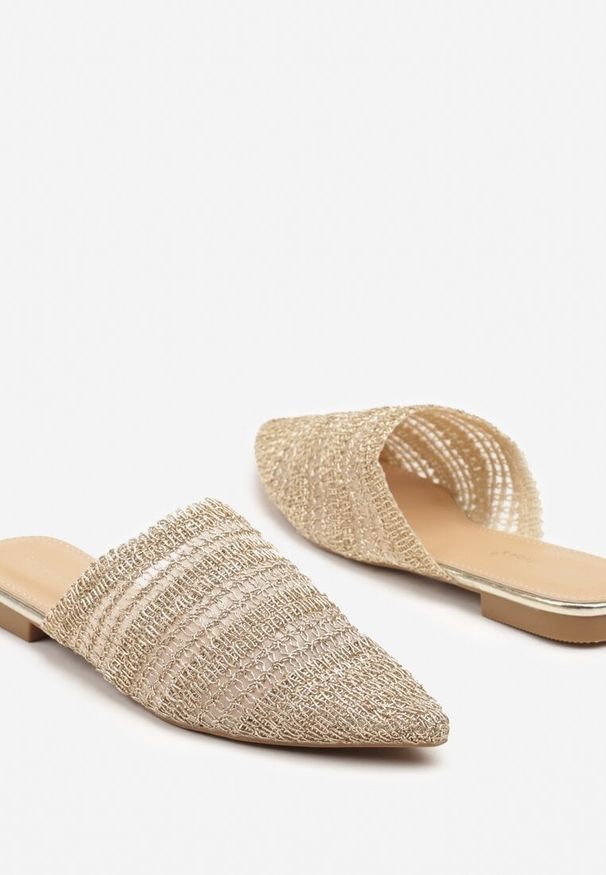 Renee - Złote Klapki Mule Ozdobione Plecionką Tatnora. Okazja: na co dzień. Kolor: złoty. Materiał: jeans. Wzór: aplikacja. Sezon: lato, wiosna. Obcas: na obcasie. Styl: elegancki, casual
