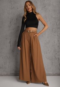 Renee - Brązowe Garniturowe Spodnie Szerokie z Wiskozy z Paskiem Moun. Kolor: brązowy. Materiał: wiskoza. Styl: elegancki #1