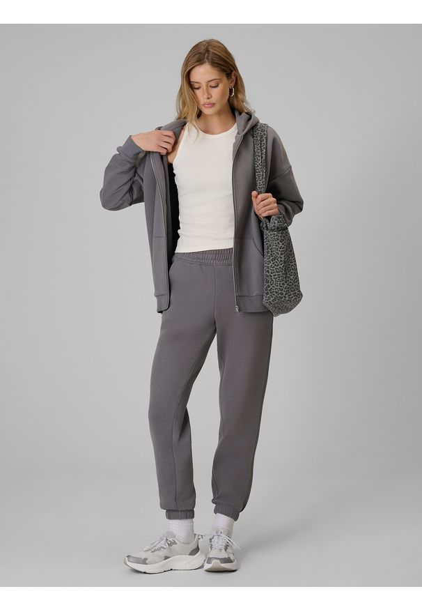 4f - 4F Bluza dresowa regular z kapturem damska - szara L. Okazja: na co dzień. Typ kołnierza: kaptur. Kolor: szary. Materiał: dresówka. Styl: casual