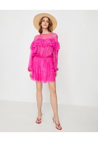 ICON - Jedwabna sukienka z falbaną Sunset. Kolor: różowy, wielokolorowy, fioletowy. Materiał: jedwab. Sezon: lato. Styl: wakacyjny #3