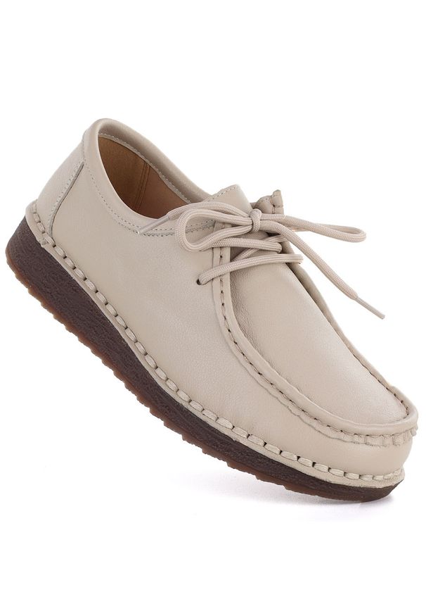 Skórzane półbuty damskie mokasyny sznurowane beżowe Artiker 58C1519. Kolor: beżowy. Materiał: skóra