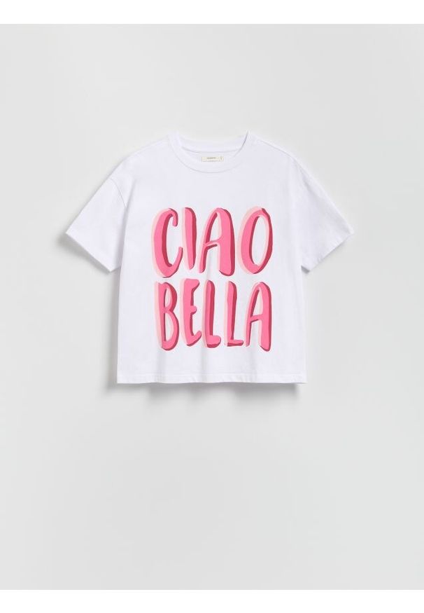 Reserved - T-shirt z nadrukiem - biały. Kolor: biały. Materiał: dzianina, bawełna. Wzór: nadruk