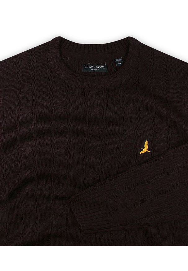 Sweter Burgundowy, Bordowy, Okrągły Dekolt, Lekki Splot, Dziergany, Męski, Żółty Ptak -Brave Soul. Okazja: na spotkanie biznesowe, do pracy. Kolor: czerwony. Materiał: akryl, dziergany, ze splotem. Wzór: ze splotem. Styl: biznesowy