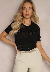 Renee - Czarna Klasyczna Bluzka w Ażurowy Wzór Lidakra. Okazja: na co dzień. Kolor: czarny. Materiał: jeans. Długość rękawa: krótki rękaw. Długość: krótkie. Wzór: ażurowy. Styl: klasyczny