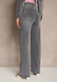 Renee - Szare Jeansy High Waist z Szeroką Nogawką Zdobione Przetarciami Liozina. Stan: podwyższony. Kolor: szary. Wzór: aplikacja. Styl: sportowy, elegancki #4