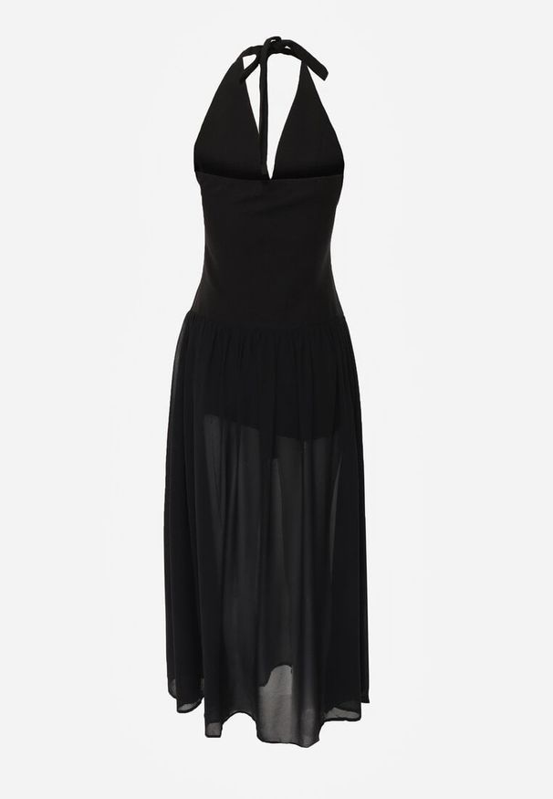 Renee - Czarna Sukienka z Dekoltem Halter i Ozodbymi Guzikami z Przodu Nesia. Typ kołnierza: dekolt halter. Kolor: czarny