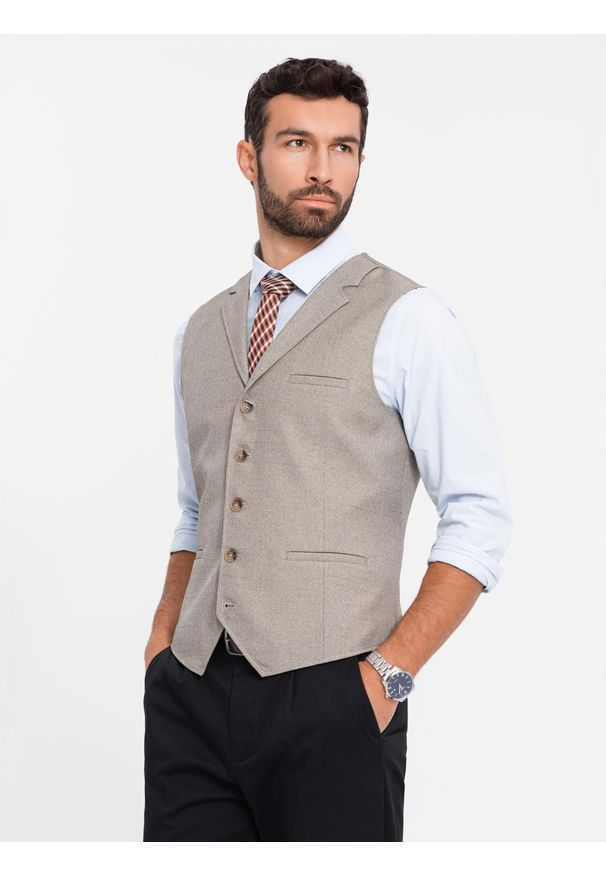 Ombre Clothing - Kamizelka męska garniturowa z kołnierzem - beżowa V3 OM-BLZV-0109 - XXL. Kolor: beżowy. Materiał: poliester