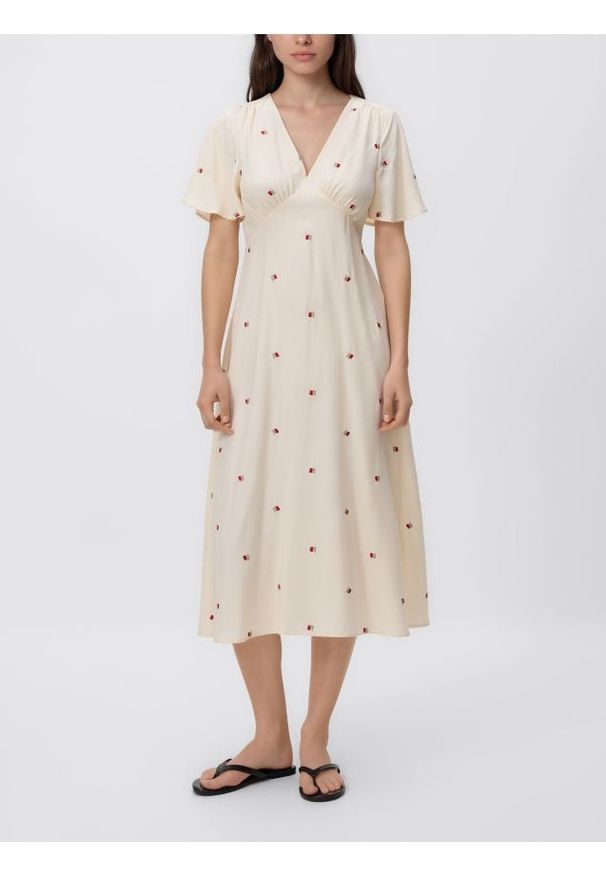 Reserved - Sukienka midi z lyocellem - jasnożółty. Kolor: żółty. Materiał: wiskoza. Długość: midi