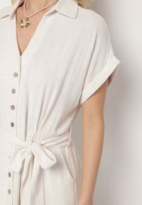 Born2be - Jasnobeżowa Sukienka Koszulowa z Wiskozy i Lnu Wiązana w Talii z Kieszeniami Efrasira. Okazja: na co dzień. Kolor: beżowy. Materiał: len, wiskoza. Typ sukienki: koszulowe. Styl: casual, elegancki #4