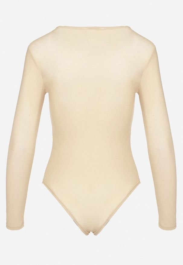 Born2be - Jasnobeżowe Gładkie Body z Długimi Rękawami Teuma. Kolor: beżowy. Długość rękawa: długi rękaw. Długość: długie. Wzór: gładki